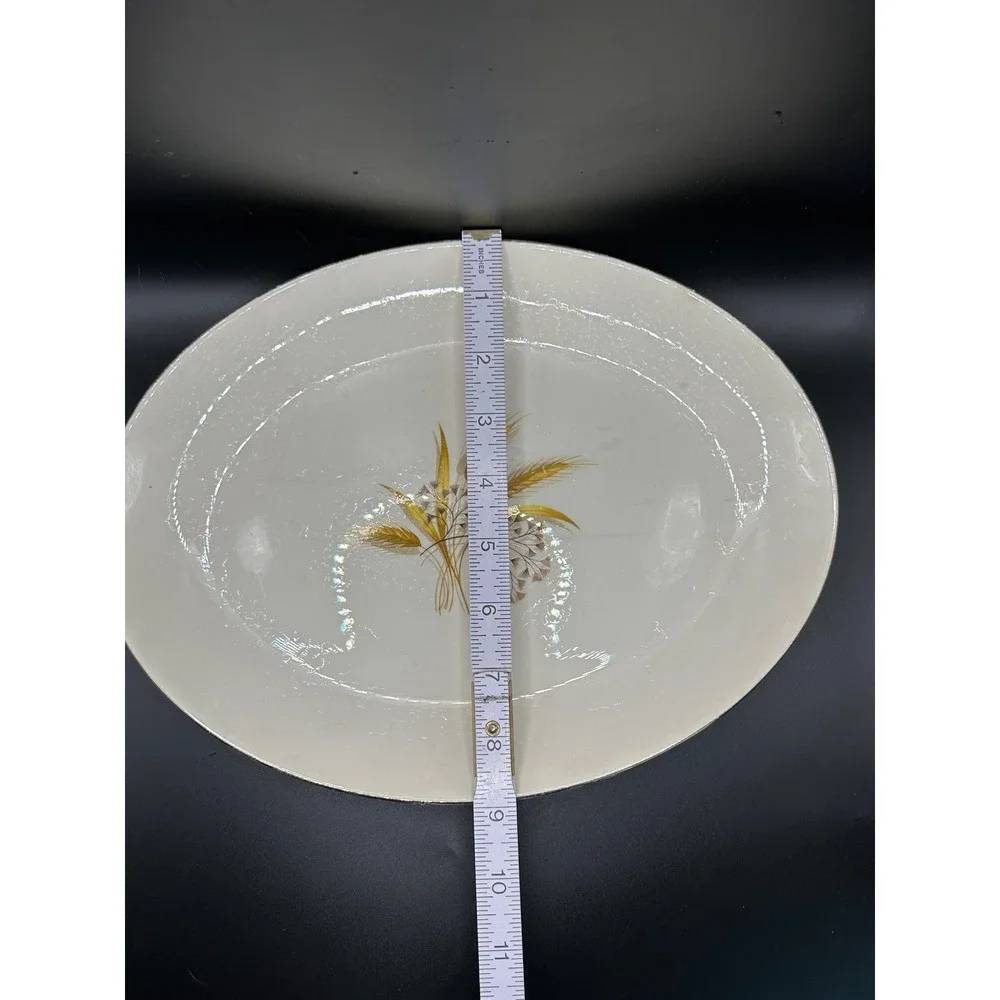 Vintage Mid Century Wheat Harvest Oval Ceramic Serving Platter Gold Rim 11.5in